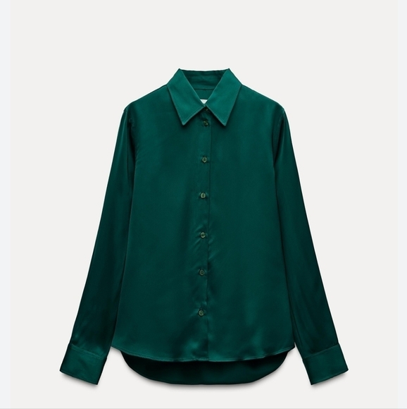 Zara Green Women's Long Sleeve Button down Blouse Collar Relaxed Fit Size S * - Picture 1 of 6